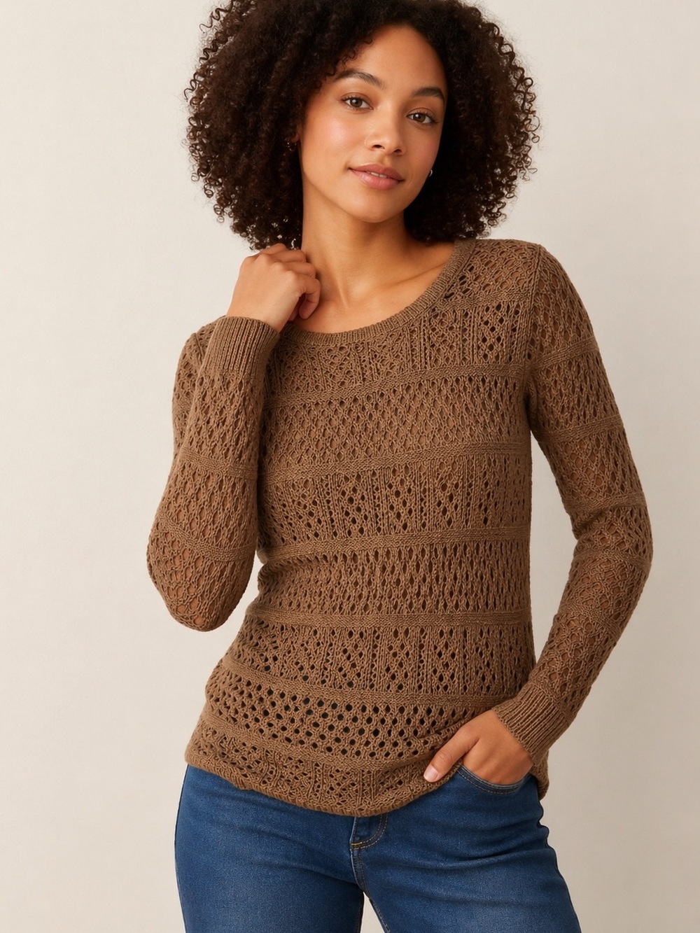 Chico’s Adrienne Open Knit Sweater Size 1 Brown Cotton Blend Crochet Pullover